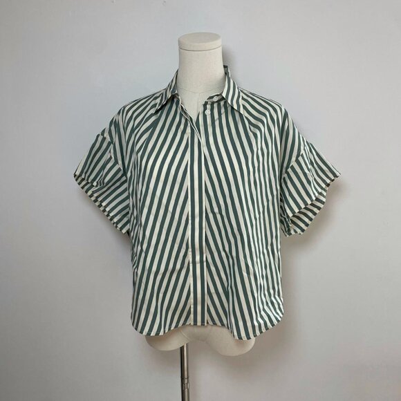 Rag Bone Martha Short Sleeve Poplin Shirt in Green Stripe | Women’s Size Small - Picture 1 of 5